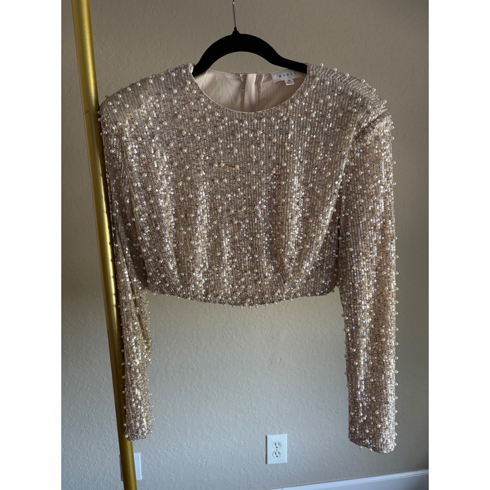 Sequin Long-Sleeve Crop Top - Champagne